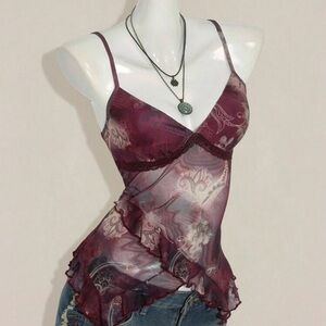 Elegant Burgundy Fairycore Sheer Women's Top